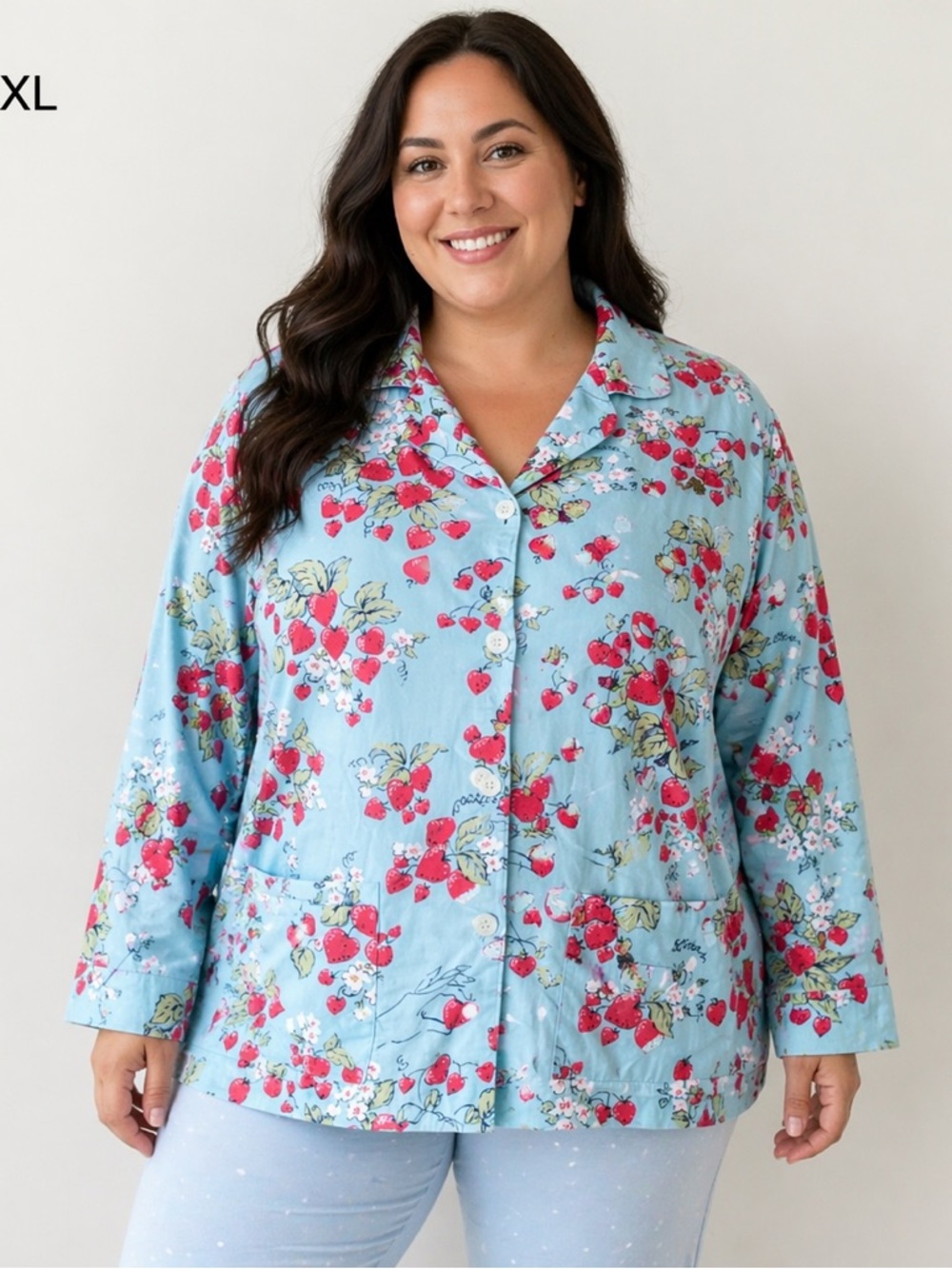 Nick & Nora Light Blue Strawberry Kiss Sleep Pajama Top Sz XL